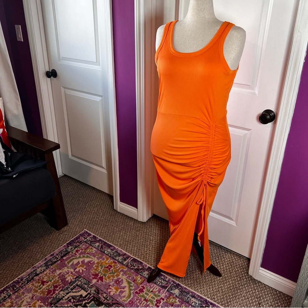 Chic Bright Orange Ribbed Dress